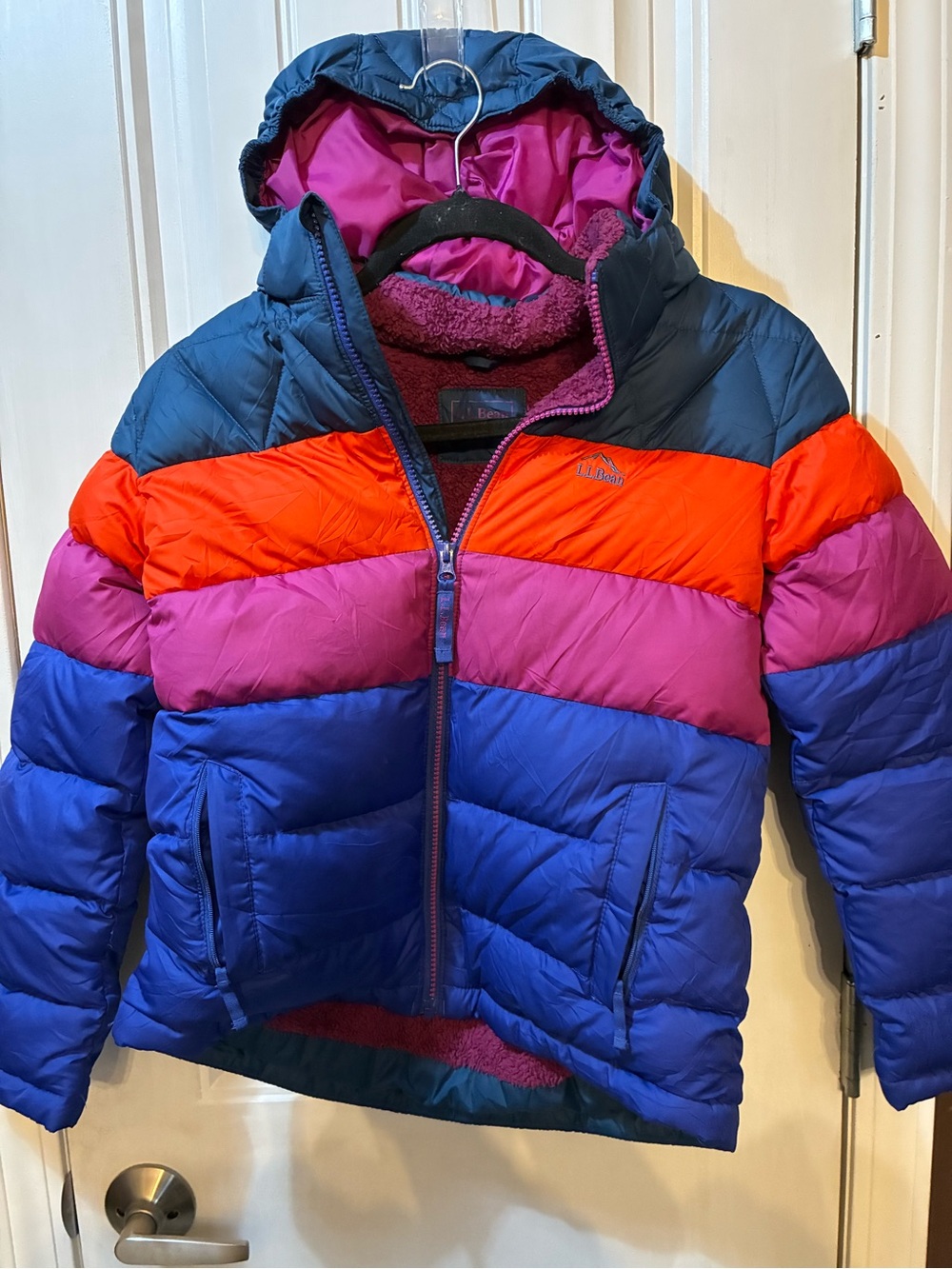 L.L. Bean Colorblock Girls' Puffer Jacket - Blue, Pink, Red, Navy